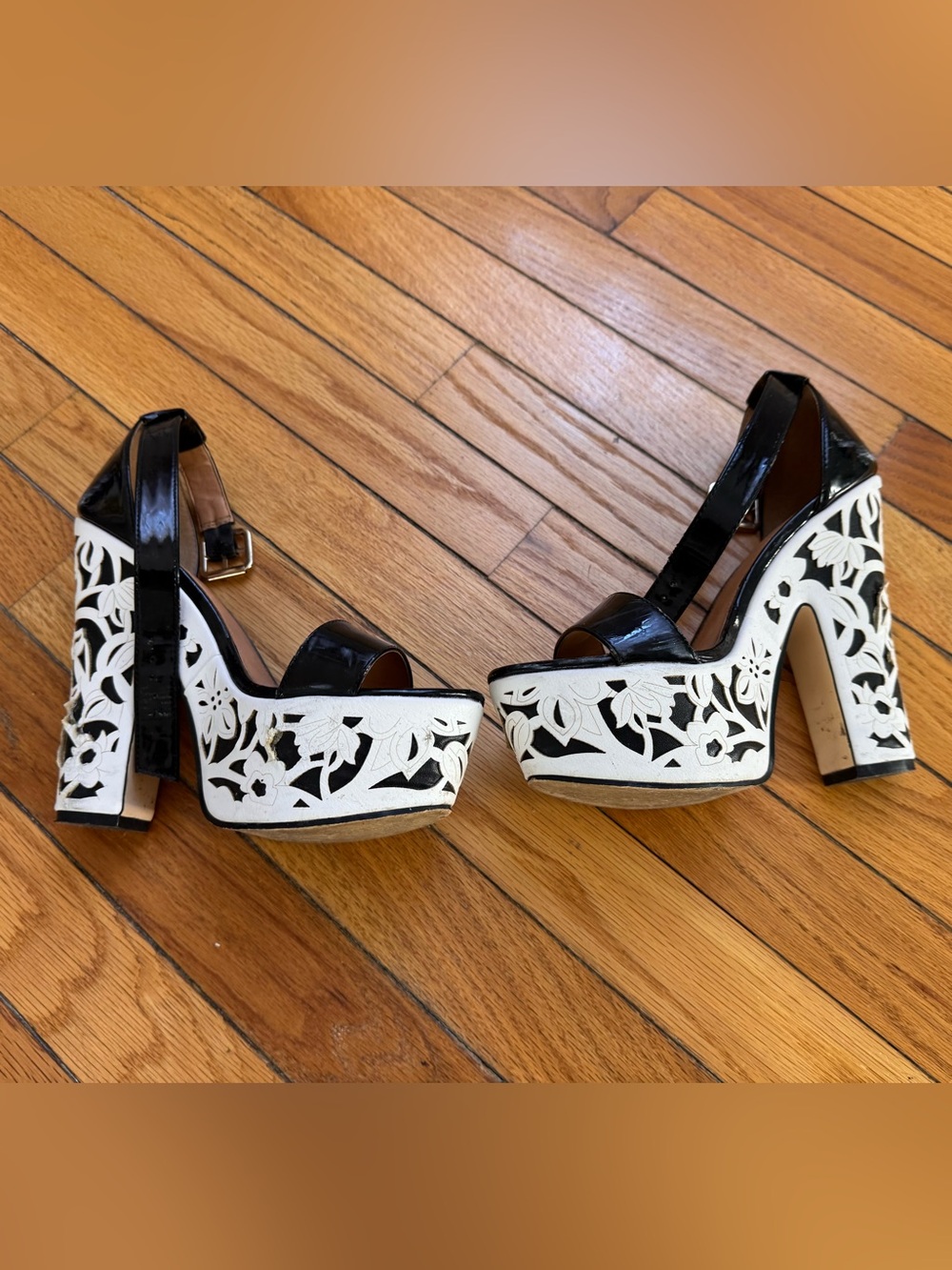 JustFab Black Patent Open Toe Ankle Strap Floral Block Heels